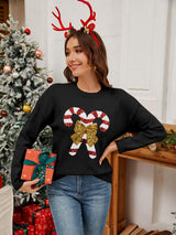 Sequin Candy Cane Round Neck Long Sleeve Sweater - Trendsi - Flyclothing LLC