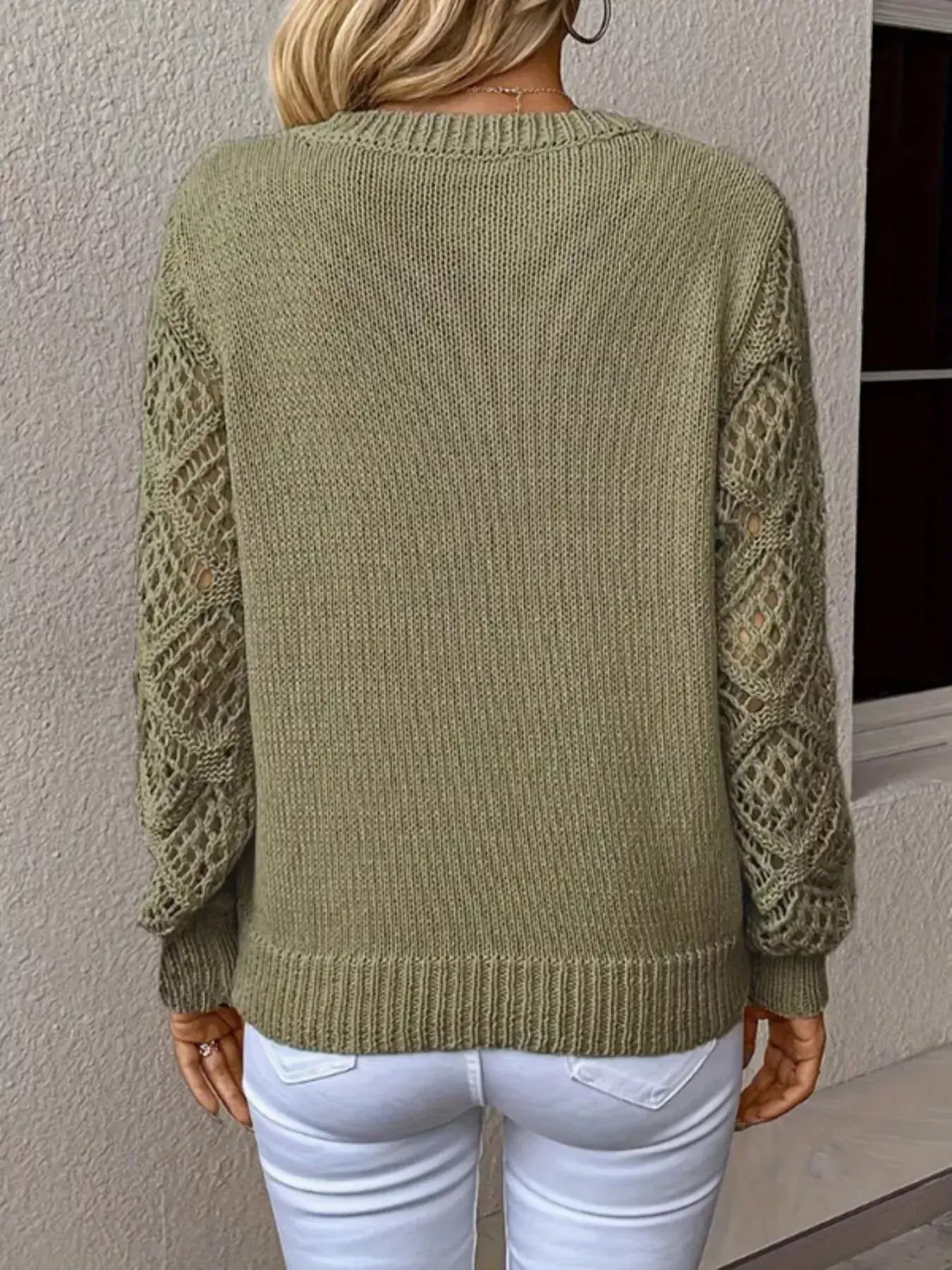 V-Neck Crochet Sleeve Sweater - Trendsi - Flyclothing LLC