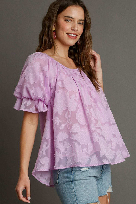Umgee Full Size Jacquard Round Neck Ruffled Puff Sleeve Blouse Plus Size - Trendsi - Flyclothing LLC