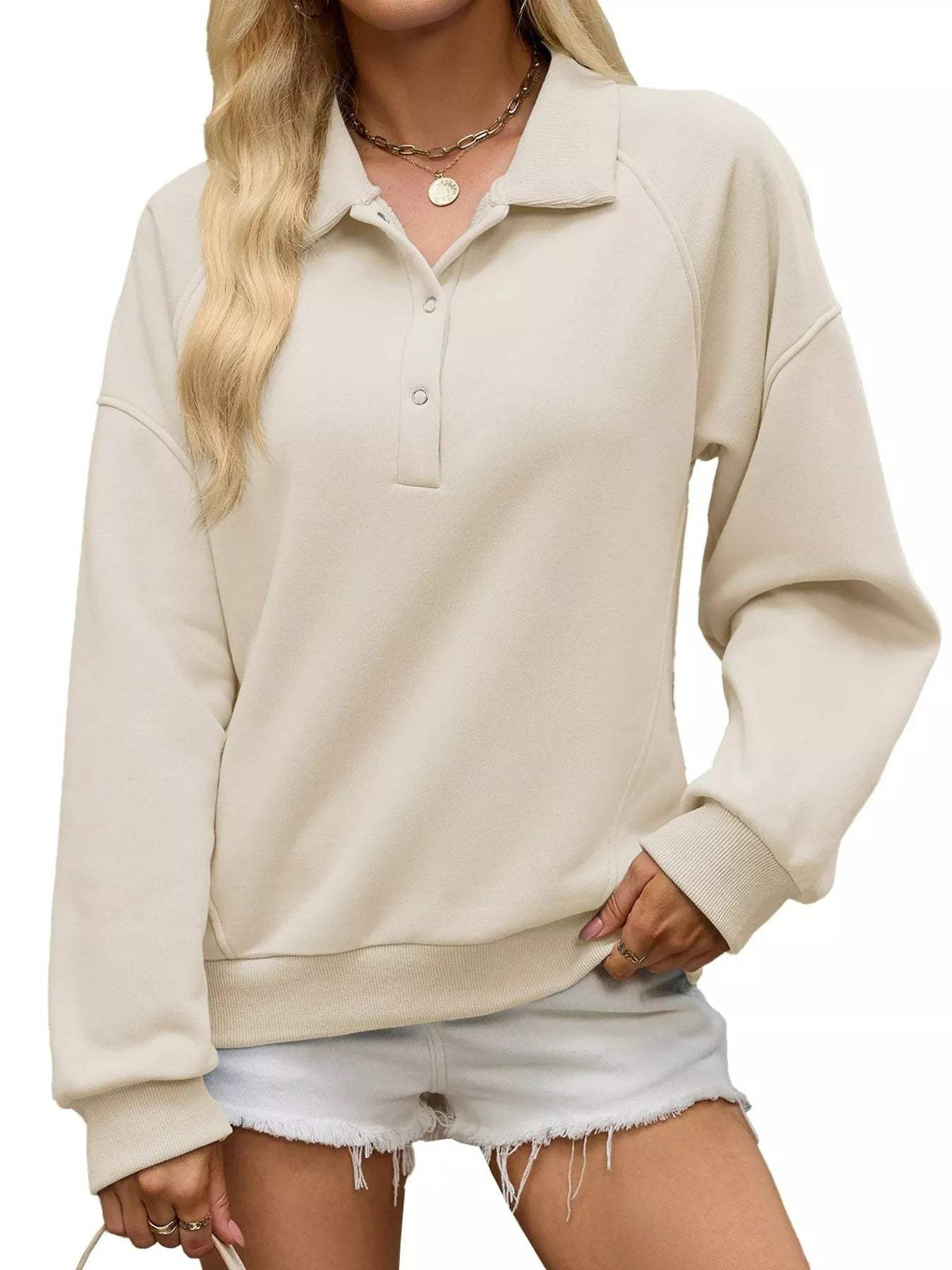 Button Detail Dropped Shoulder Sweatshirt - Trendsi - Flyclothing LLC