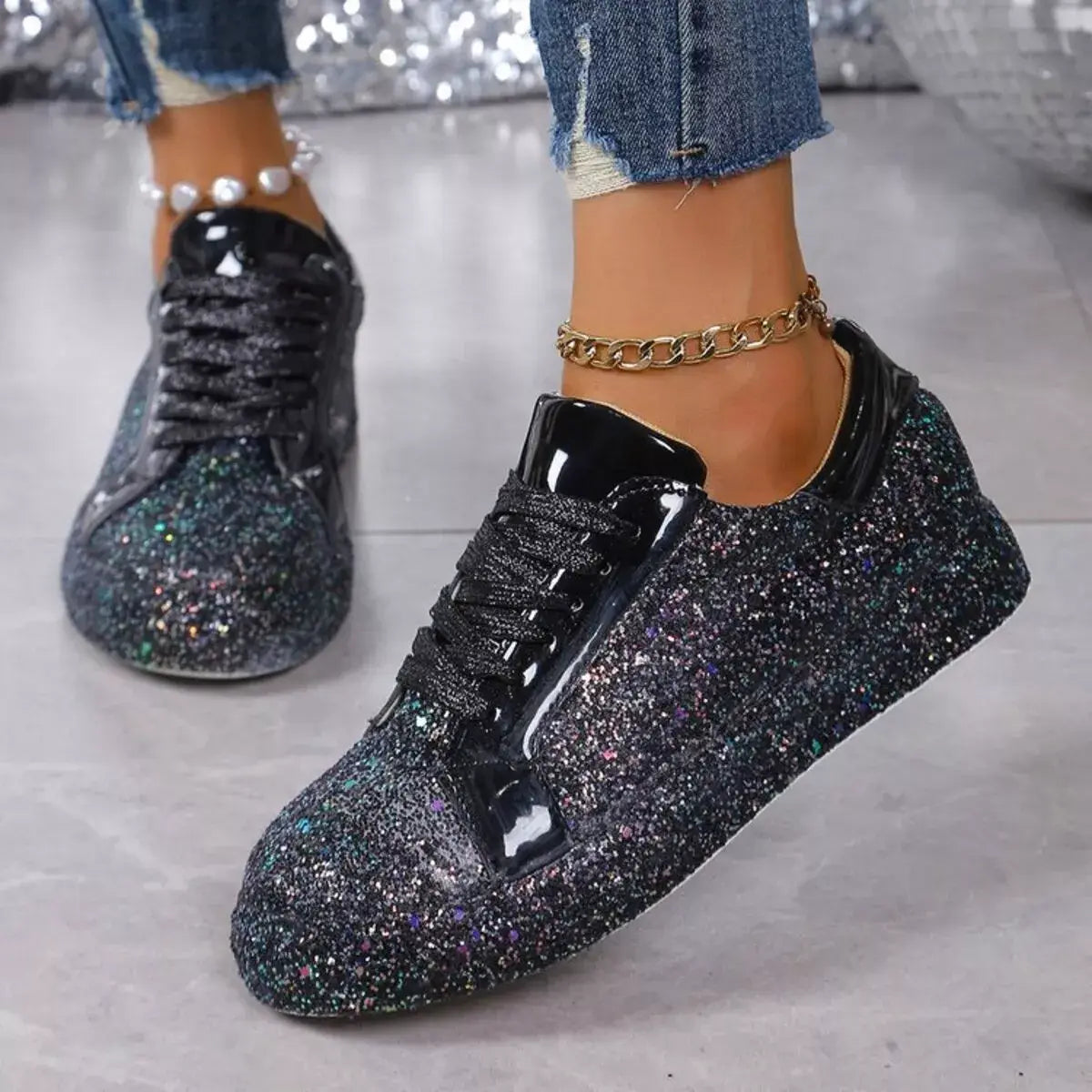 Sparkling Lace Up Sneakers - Trendsi - Flyclothing LLC
