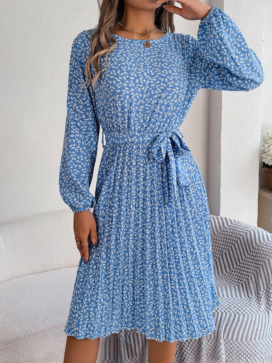 Ditsy Floral Tie Waist Pleated Dress - Trendsi