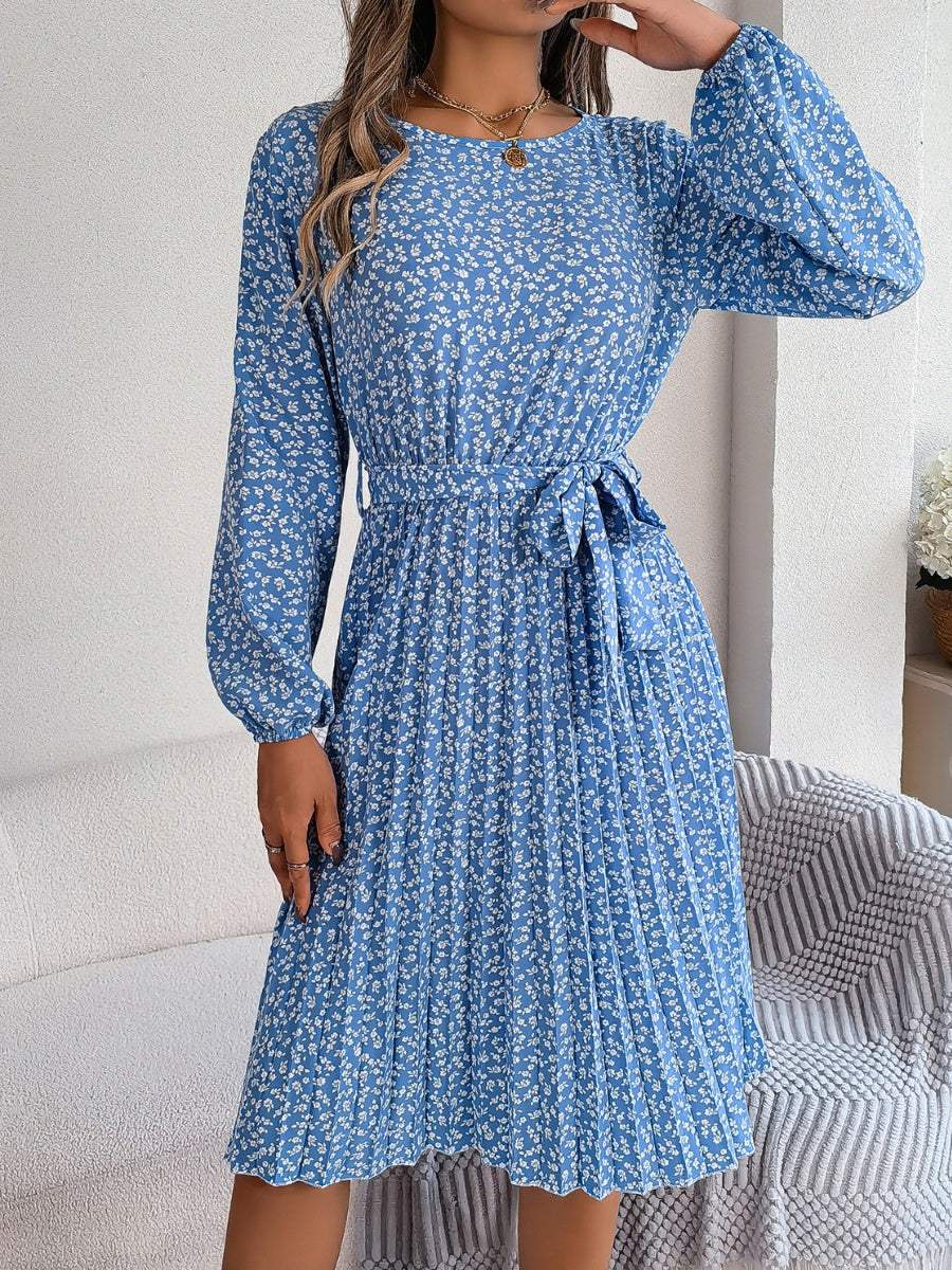 Ditsy Floral Tie Waist Pleated Dress - Trendsi - Flyclothing LLC