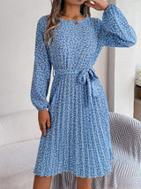 Ditsy Floral Tie Waist Pleated Dress - Trendsi - Flyclothing LLC