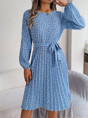 Ditsy Floral Tie Waist Pleated Dress - Trendsi