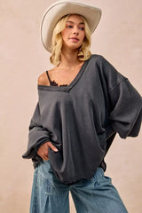 BiBi Mineral Washed French Terry Oversized Sweatshirt - Trendsi - Flyclothing LLC