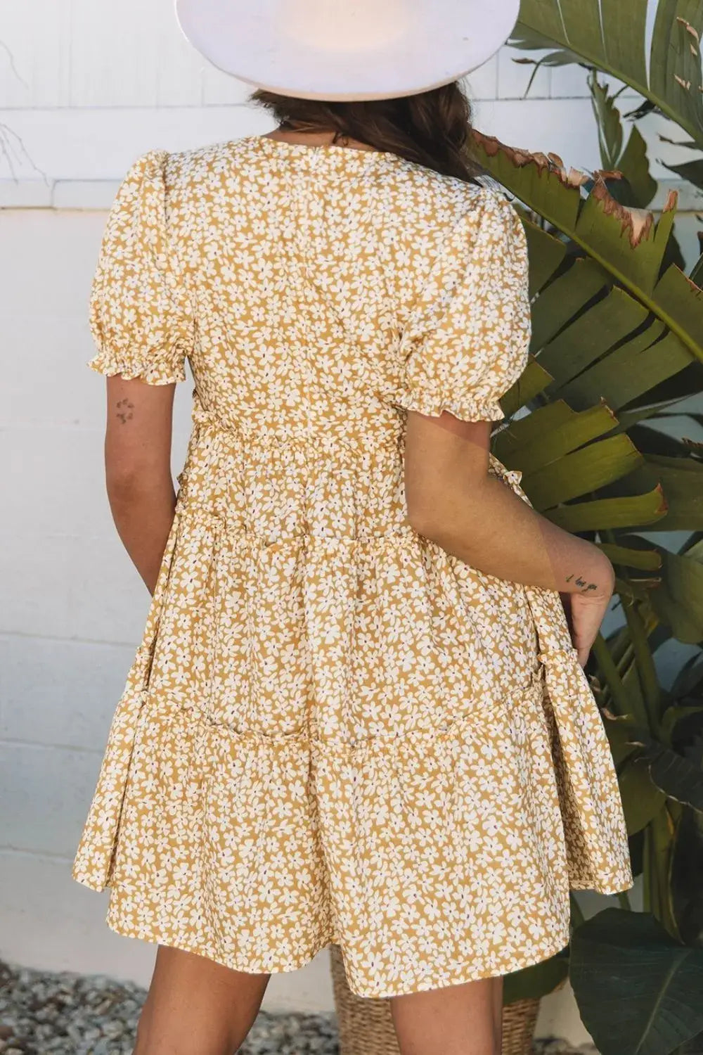Floral Short Sleeve Surplice Frilly Tiered Mini Dress - Trendsi - Flyclothing LLC