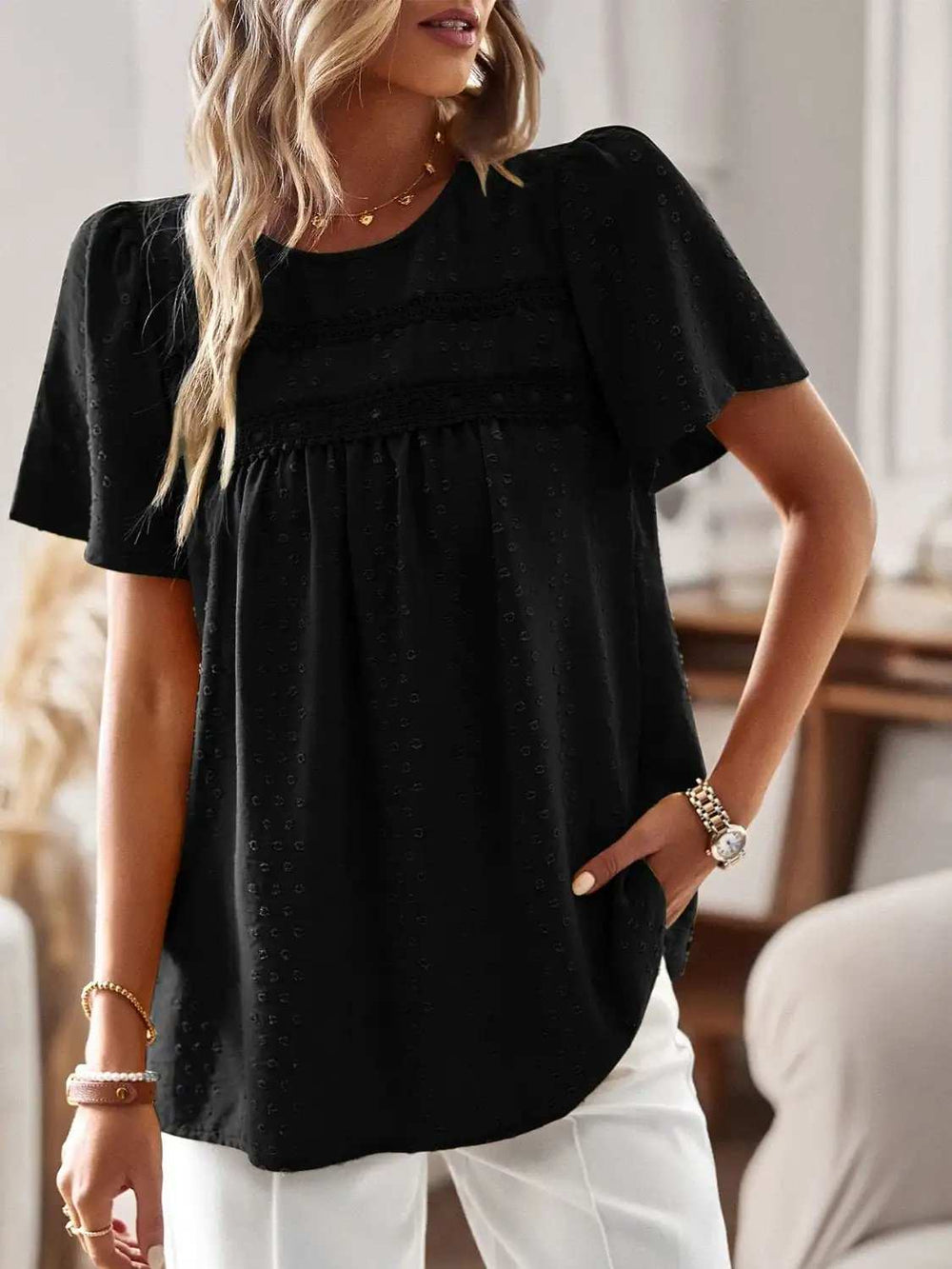 Lace Detail Round Neck Short Sleeve Blouse - Trendsi - Flyclothing LLC