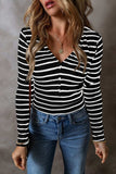 Striped V-Neck Long Sleeve Top - Trendsi - Flyclothing LLC