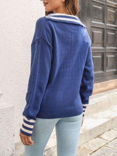 Striped Trim Drop Shoulder Sweater - Trendsi - Flyclothing LLC