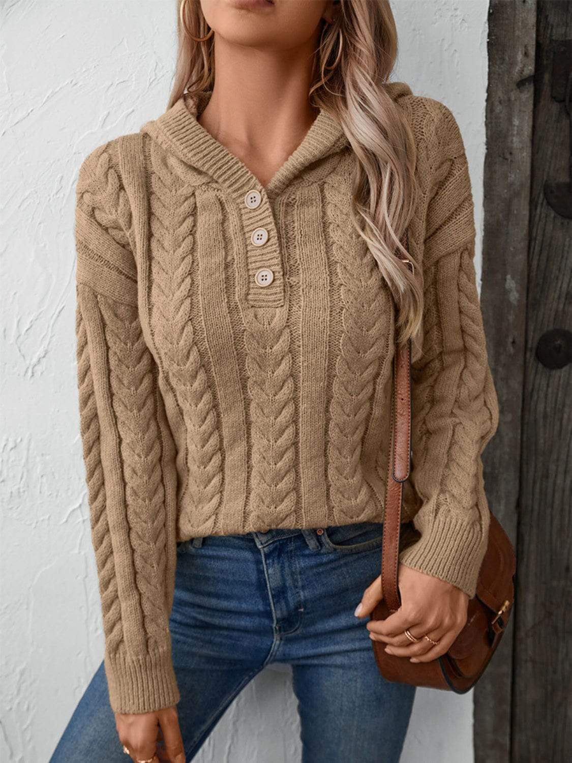 Cable-Knit Long Sleeve Hooded Sweater - Trendsi - Flyclothing LLC
