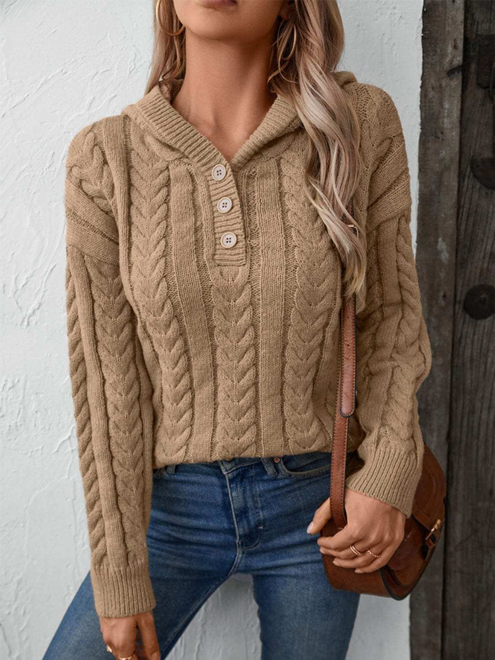 Cable-Knit Long Sleeve Hooded Sweater - Trendsi - Flyclothing LLC