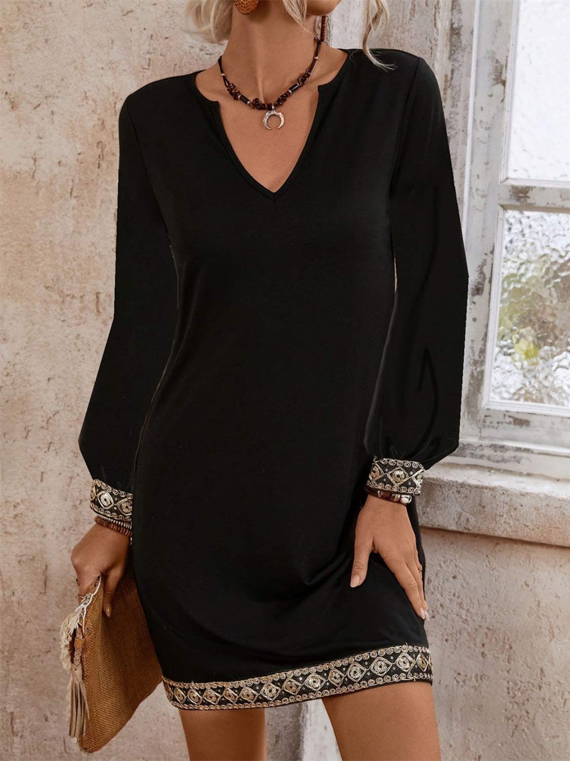 Embroidered Notched Long Sleeve Mini Dress - Trendsi - Flyclothing LLC