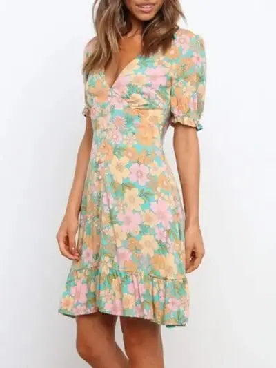 Ruffled Hem Printed Short Sleeve Mini Dress - Trendsi - Flyclothing LLC