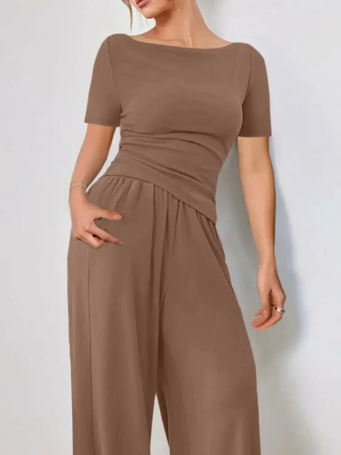 Round Neck Short Sleeve T-Shirt and Pants Set - Trendsi - Flyclothing LLC