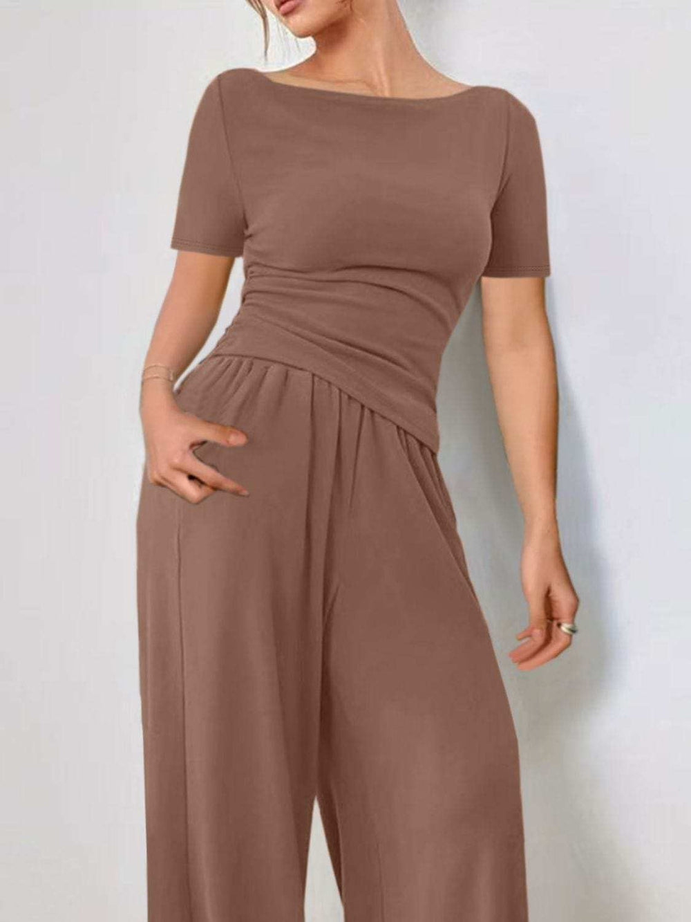 Round Neck Short Sleeve T-Shirt and Pants Set - Trendsi - Flyclothing LLC