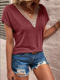 Full Size Lace Detail V-Neck Short Sleeve T-Shirt - Trendsi - Flyclothing LLC