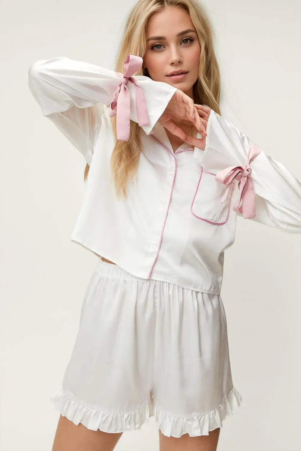 Basic Bae Tied Cuff Collared Neck Top and Frill Shorts Lounge Set - ShopBasicbae - Flyclothing LLC