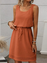 Waffle-Knit Drawstring Mini Tank Dress - Trendsi - Flyclothing LLC