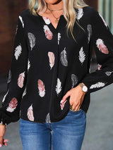 Feather Print Notched Balloon Sleeve Top - Trendsi - Flyclothing LLC
