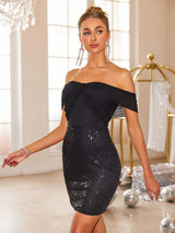 Backless Sequin Off Shoulder Short Sleeve Dress - Trendsi - Flyclothing LLC
