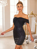 Backless Sequin Off Shoulder Short Sleeve Dress - Trendsi - Flyclothing LLC