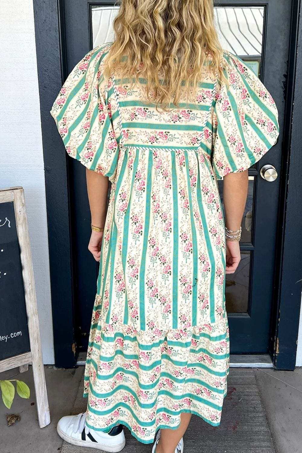 Striped Floral Print Tie Neck Puff Sleeve Midi Dress - Trendsi - Flyclothing LLC