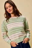 SO ME Openwork Round Neck Wide Stripe Textured Sweater - Trendsi - Flyclothing LLC