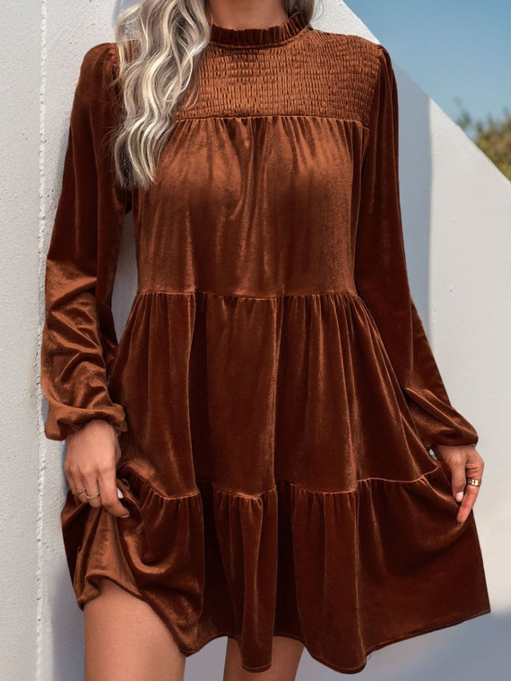 Perfee Tiered Ruched Mock Neck Long Sleeve Dress - Trendsi