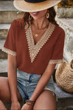Full Size Lace Detail V-Neck Short Sleeve Blouse - Trendsi