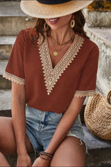 Full Size Lace Detail V-Neck Short Sleeve Blouse - Trendsi