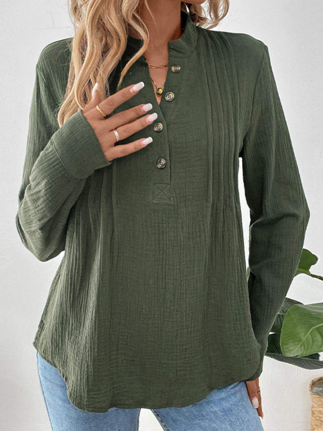 Perfee Textured Notched Long Sleeve Blouse - Trendsi - Flyclothing LLC