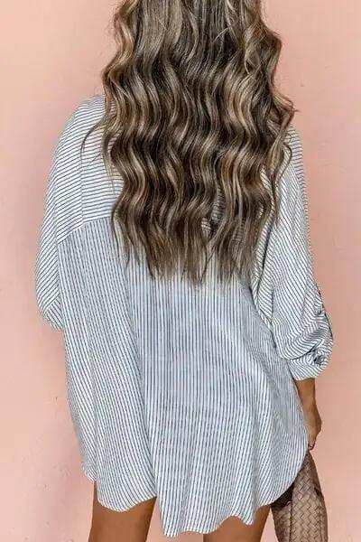 Striped Collared Neck Long Sleeve Shirt - Trendsi - Flyclothing LLC