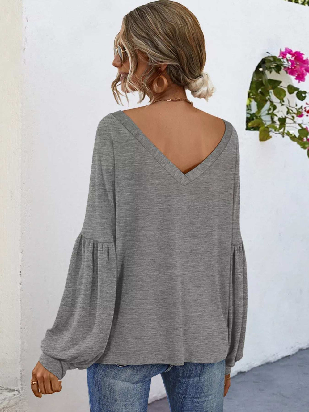Oversized V-Neck Long Sleeve Blouse - Trendsi - Flyclothing LLC