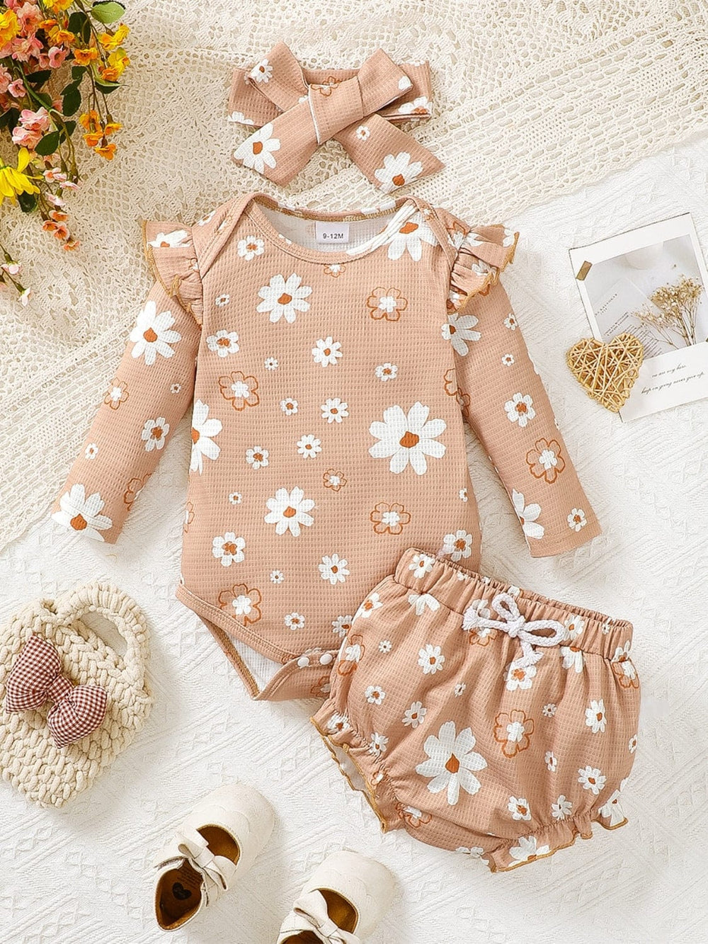 Children's Ruffled Floral Bodysuit and Bloomer, Headband Set - Trendsi