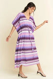 Davi & Dani Multi Color Wavy Tie Waist Flowy Sleeve Dress - Trendsi