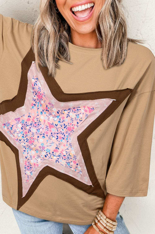 Star Applique Patch Round Neck T-Shirt - Trendsi - Flyclothing LLC