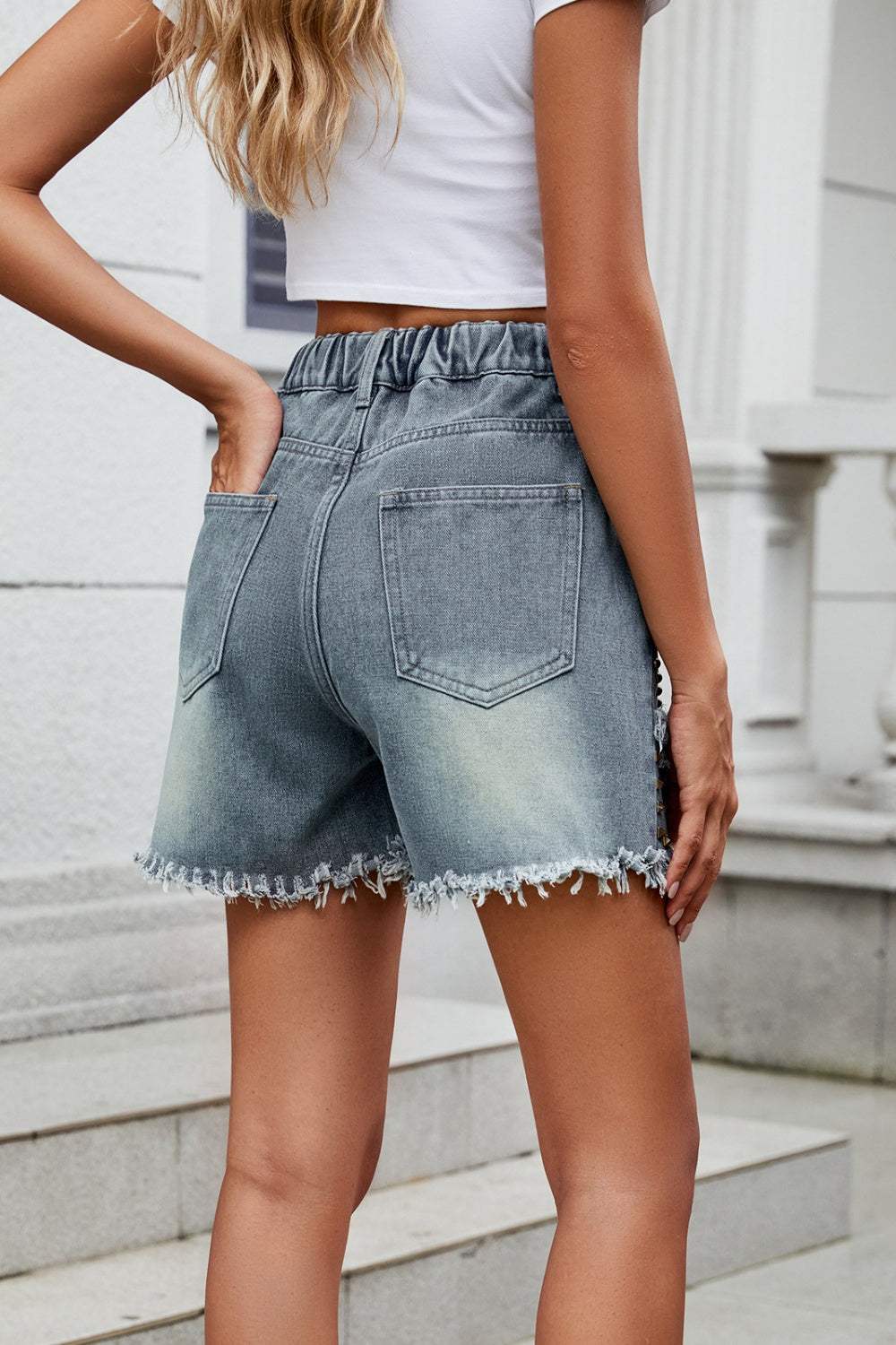 Raw Hem Studded Denim Shorts - Trendsi - Flyclothing LLC