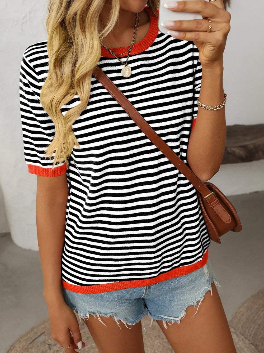 Mandy Striped Round Neck Half Sleeve Knit Top - Trendsi - Flyclothing LLC