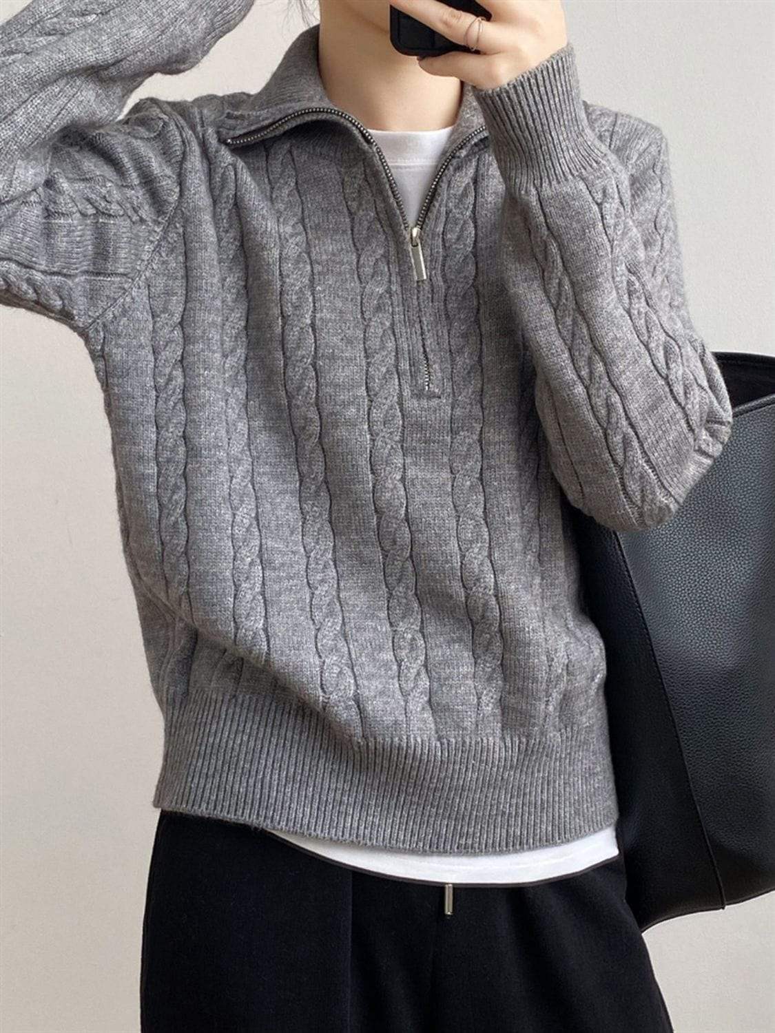 Cable-Knit Half Zip Long Sleeve Sweater - Trendsi - Flyclothing LLC