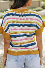 Contrast Round Neck Short Sleeve Sweater - Trendsi - Flyclothing LLC