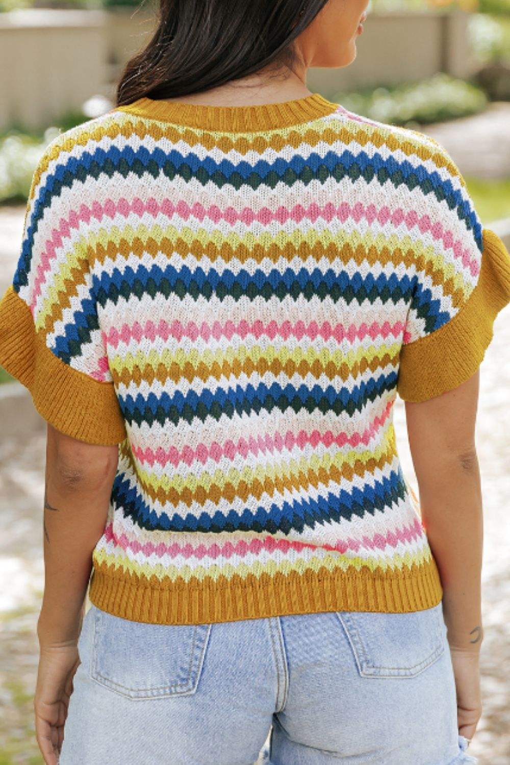 Contrast Round Neck Short Sleeve Sweater - Trendsi - Flyclothing LLC