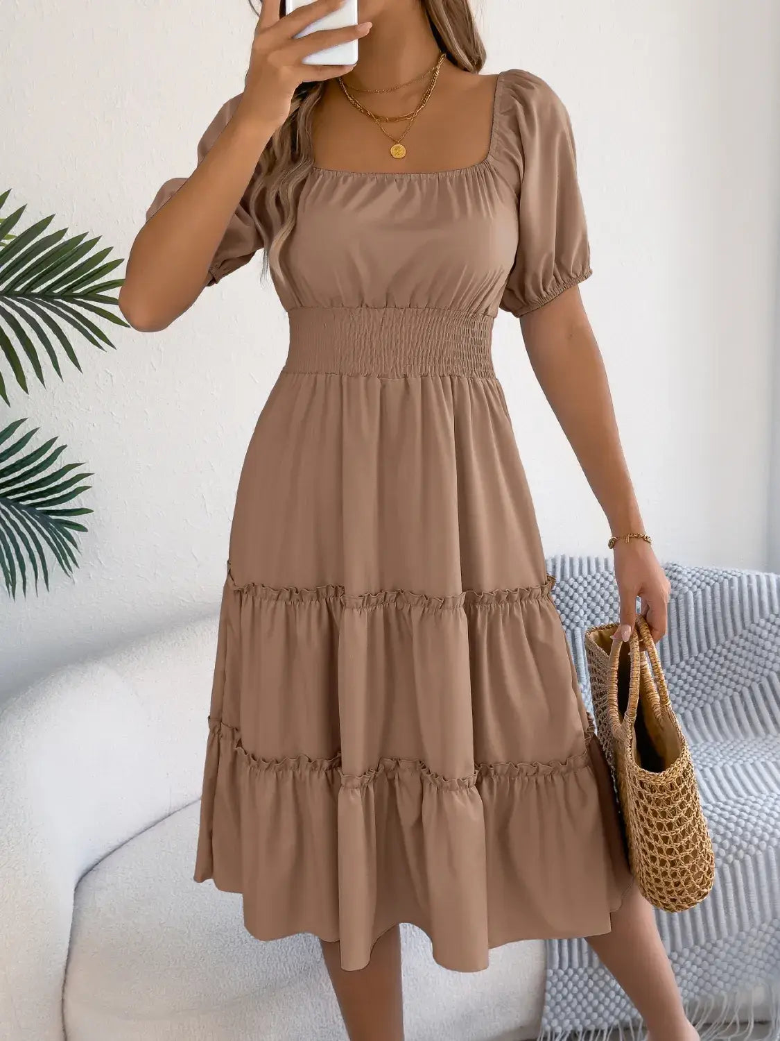 Square Neck Short Puff Sleeve Dress - Trendsi - Flyclothing LLC