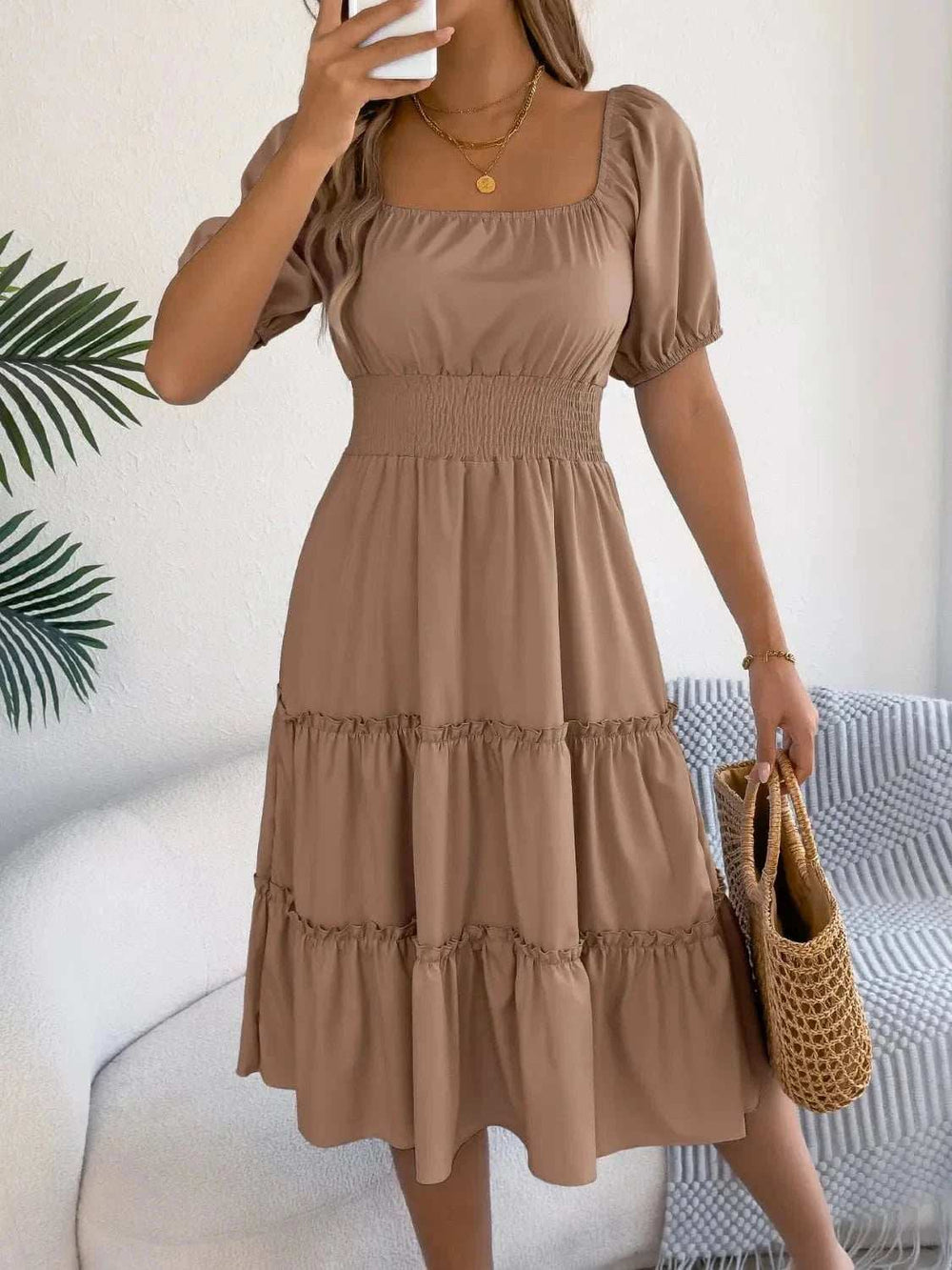 Square Neck Short Puff Sleeve Dress - Trendsi - Flyclothing LLC