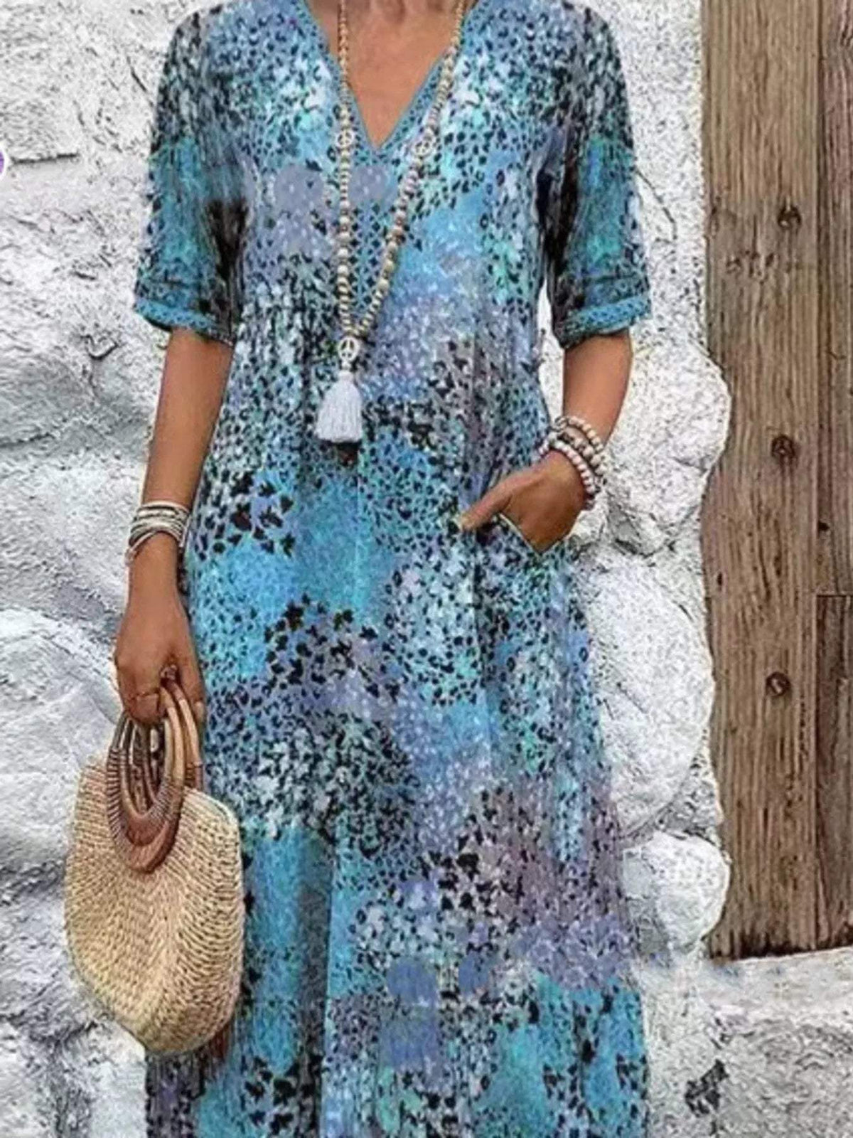 Full Size Printed V-Neck Half Sleeve Dress Plus Size - Trendsi - Flyclothing LLC