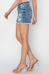 RISEN Stepped Waist Frayed Denim Shorts - Trendsi - Flyclothing LLC