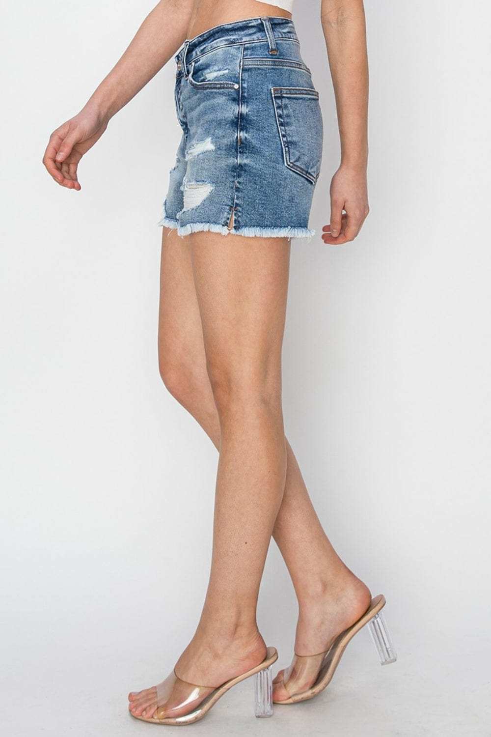 RISEN Stepped Waist Frayed Denim Shorts - Trendsi - Flyclothing LLC