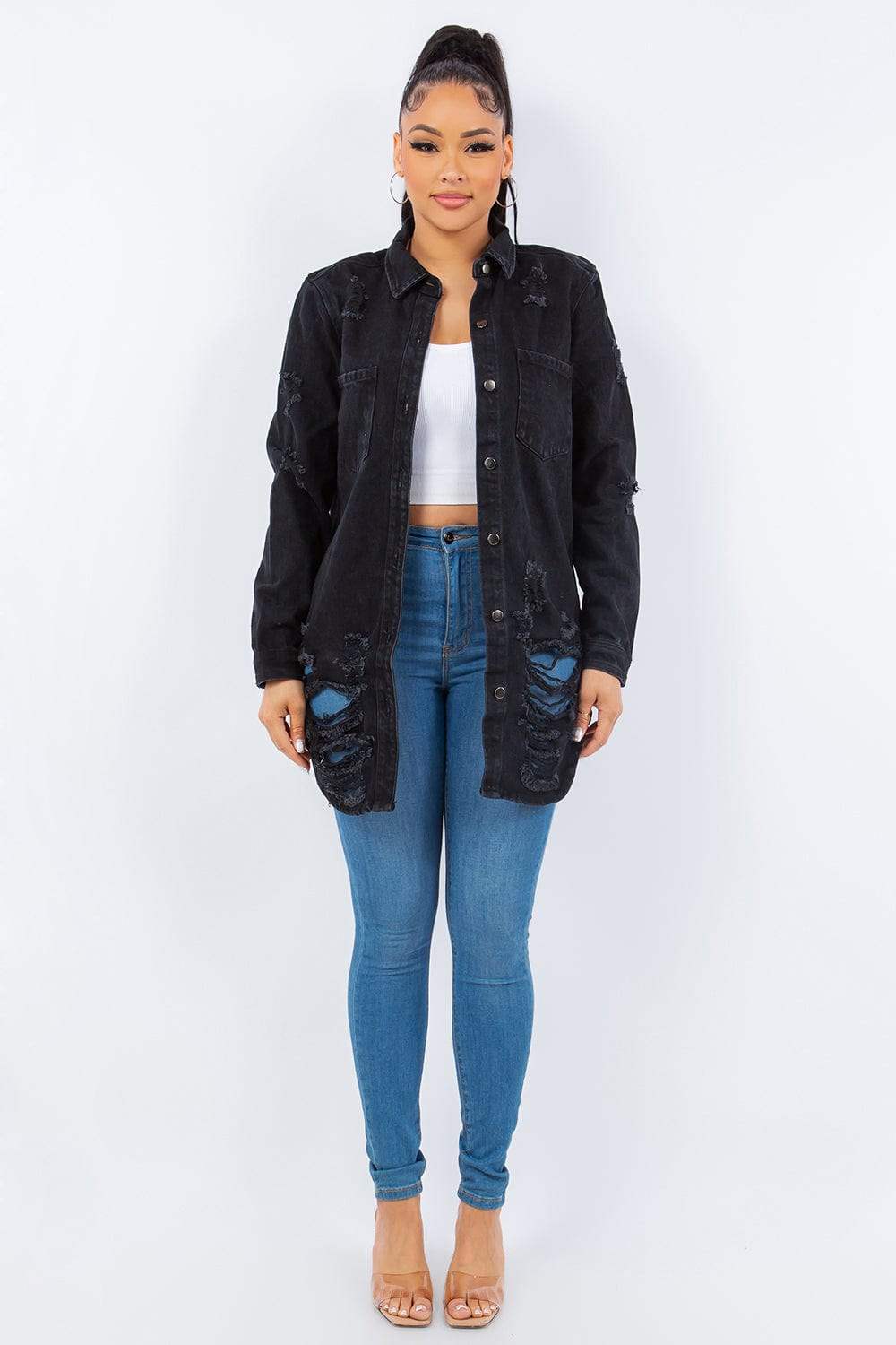American Bazi Distressed Button Up Long Sleeve Denim Jacket - Trendsi - Flyclothing LLC
