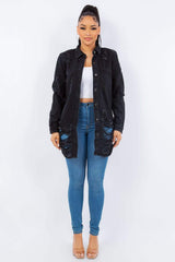 American Bazi Distressed Button Up Long Sleeve Denim Jacket - Trendsi - Flyclothing LLC