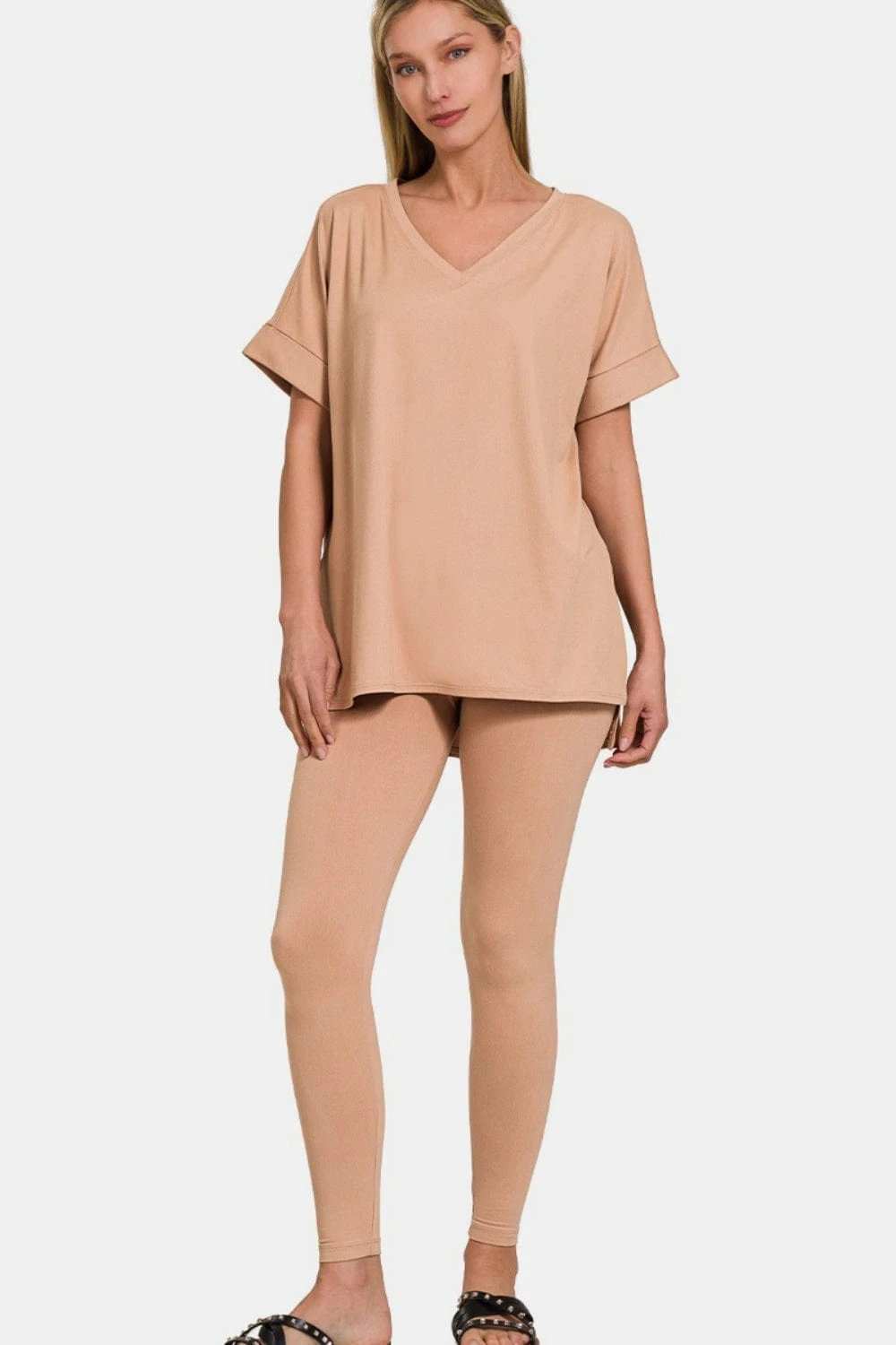 Zenana Full Size V-Neck Rolled Short Sleeve T-Shirt and Leggings Lounge Set - Trendsi - Flyclothing LLC
